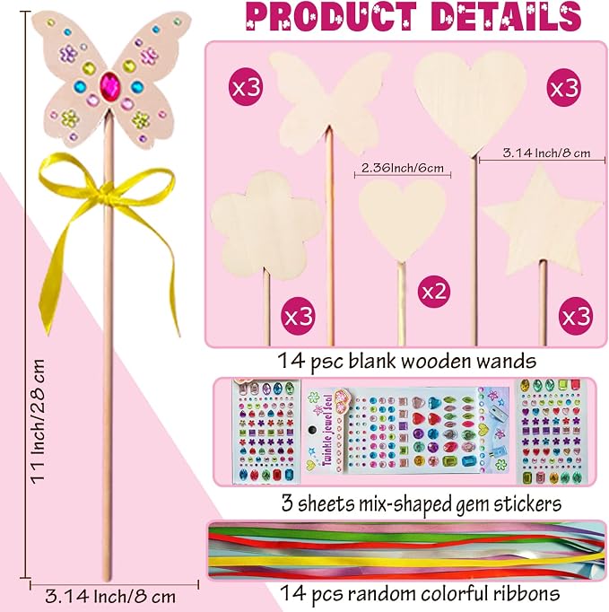 Princess Fairy Wands Craft Kit (14 PCS), Kid Birthday Party Supplies | Make Your Own Magic Wands Include Unfinished Wooden Fairy Wands, Gem Stickers, Ribbons, Ideal for Kids 6+