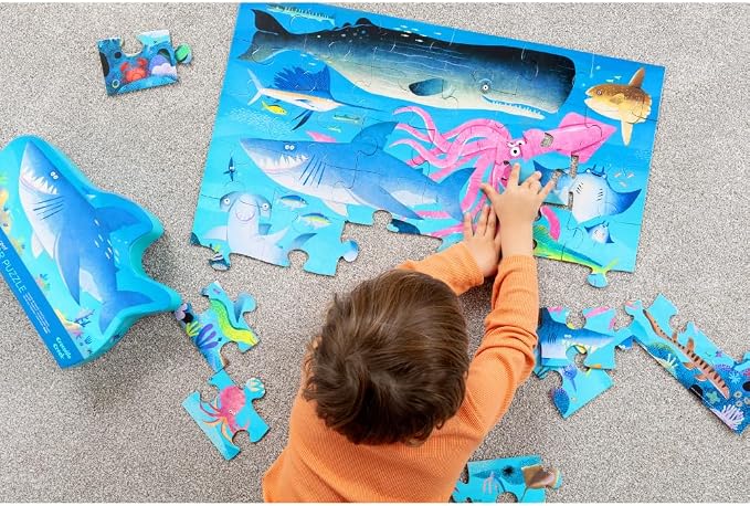 Crocodile Creek 36-Piece Jigsaw Floor Puzzle - Shark Reef - for Kids Ages 3-5 - Heavy-Duty Shaped Box for Storage - 24" W x 18" H Finished