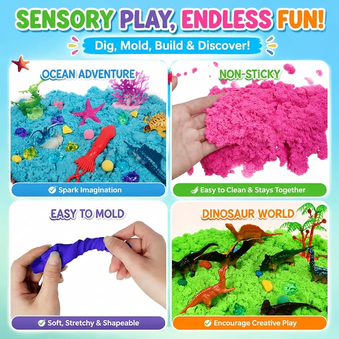AGENTLAN Dino & Ocean Sensory Sensory Bin with Play Sand | Sensory toy set with dinosaur & ocean figures, supports fine motor skills, for toddlers ages 3+, stackable sandbox play