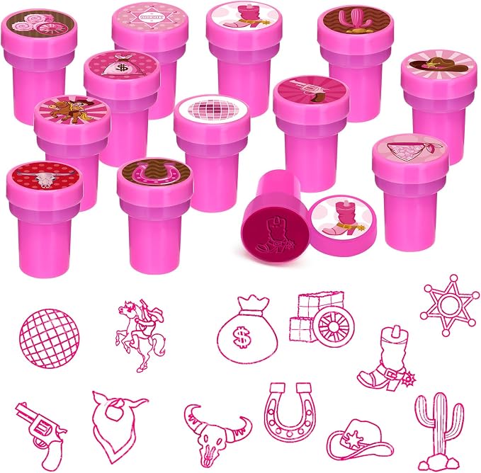 Cinrobiye 24 Pcs Pink Western Cowgirl Stampers Party Favor Set, Cute Cowboy Cowgirl Stamps for Kids Birthday Party, Classroom Rewards, Carnival Prizes, Goody Bag Fillers, Western Rodeo Party Supplies
