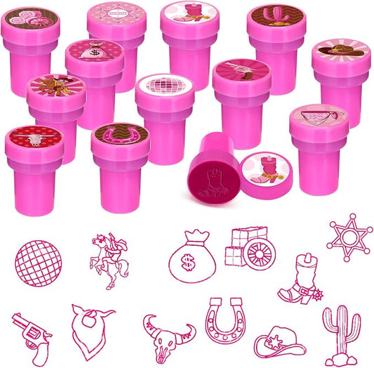 Cinrobiye 24 Pcs Pink Western Cowgirl Stampers Party Favor Set, Cute Cowboy Cowgirl Stamps for Kids Birthday Party, Classroom Rewards, Carnival Prizes, Goody Bag Fillers, Western Rodeo Party Supplies