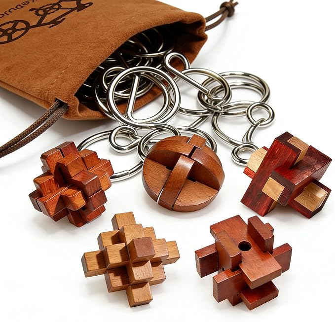42 Pcs Brain Teaser Puzzles Set for Adults Kids – Vintage Wooden & Metal 3D IQ Game, Challenging Disentanglement Logic Puzzles, Family Party Favor Portable Travel Pouch Set