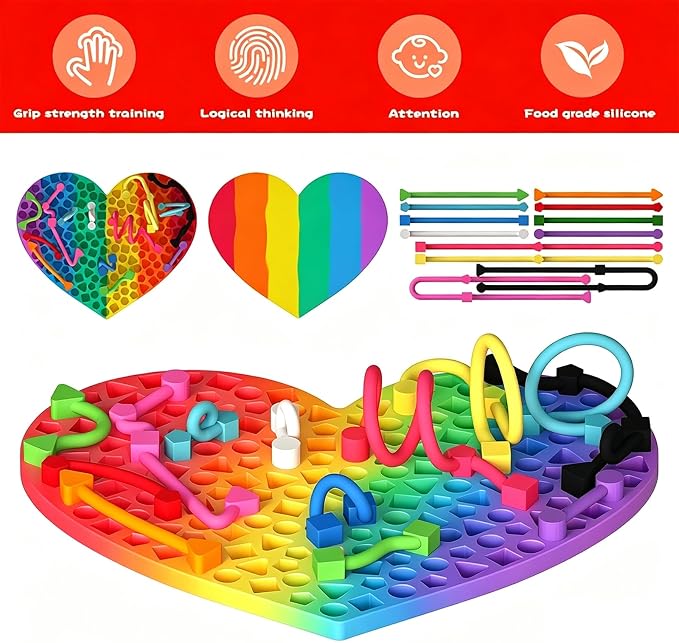 2PCS Sensory Activity Board, Silicone Fidget Toys for Calming and Stress | Autism Quiet for Adults, Toddler Sensory Toys for ADHD, Road Trip Essentials for Kids, Portable Travel Bag & 12 Strings