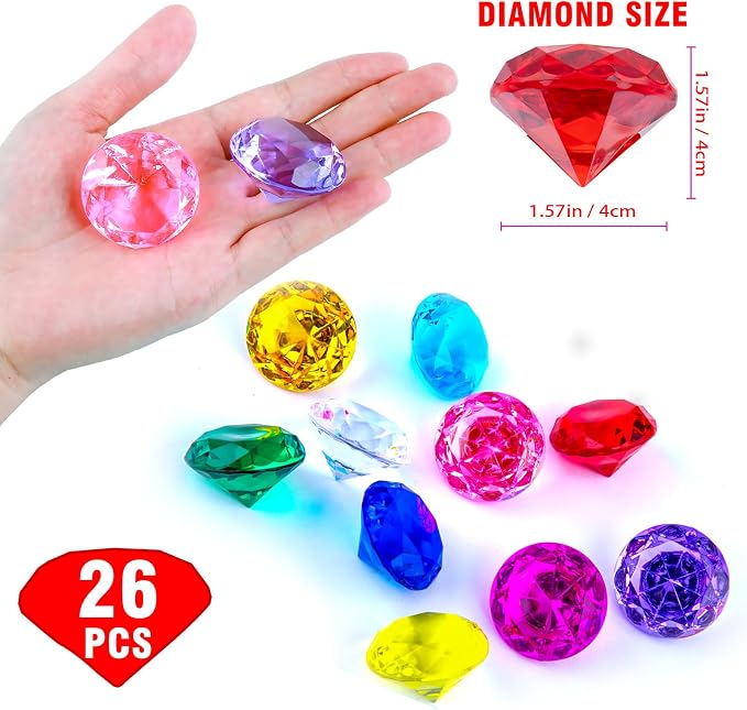 Niceup 26PCS Red Fake Diamonds Big Gem Toys, 1.5in Pool Diving Gems Acrylic Plastic Gemstones for Kids, Party Décor Jewels Treasure Hunt Hiding Sensory Bin Filler Toys Craft Supplies