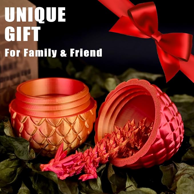 12" 3D Printed Dragon Eggs with Dragon, Articulated 3D Fidget Toys for Kids | Crystal 3D Dragon Toys for Boys Girls, Small 3d Printed Animals, Dino Dinosaur Eggs Toys, Easter Basket Stuffers（Red Gold）