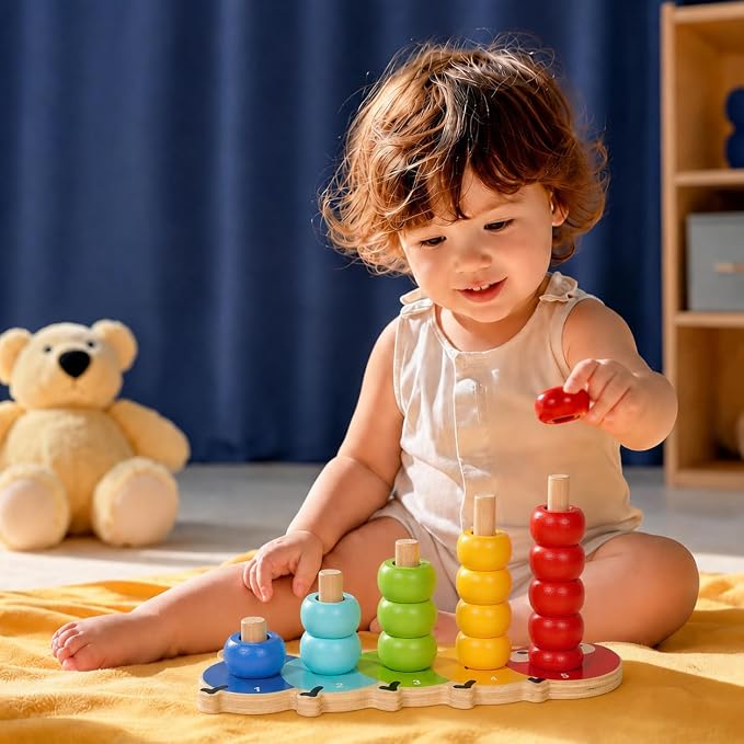 TOWO Wooden Stacking Rings Toy, Caterpillar Counting Ring Stacker | 5-peg ring stacker with counting rings; supports color sorting, fine motor skills and early learning, gift age 1+.