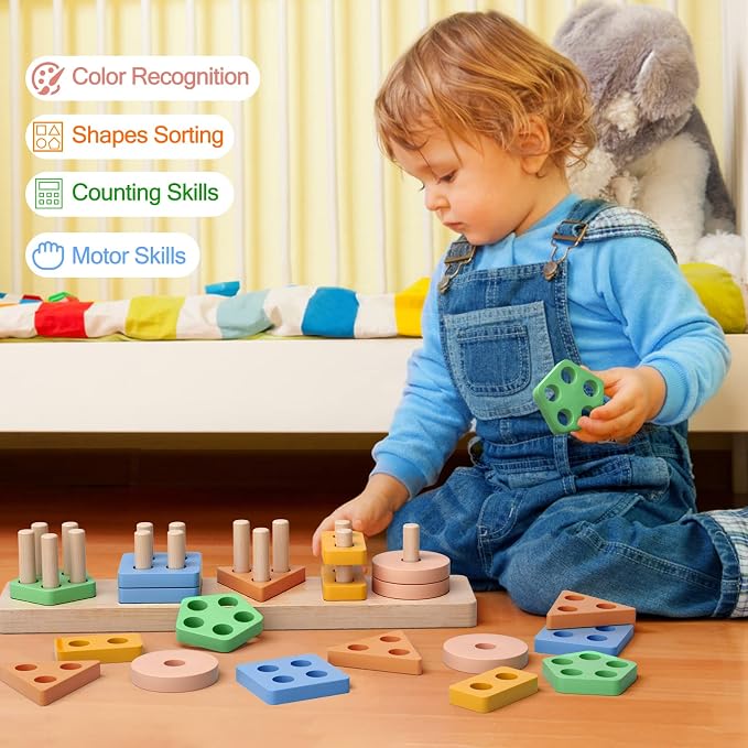 Montessori Toys for 1 2 Year Old Boy Girl, Toddler Toys Wooden Shape Sorter | Birthday Gifts for Age 12-18 Month, Baby Sorting Stacking Toys Color Stack Blocks Puzzles, Preschool Kids Learning Toys Game