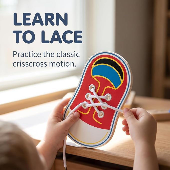 Red Wooden Shoe Tying Practice, Learn to Tie Your Own Shoes Threading Lacing Shoes Training Early Learning Kits, Threading Lacing Training Board Early Learning, Education Decorative Accessories