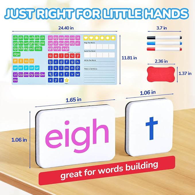 JoyCat 265 Phonics Magnetic Letter Tiles, ABC Word Building Kit with Folder | 265 phonics letter tiles with word-building folder help kids for preschool classrooms and homeschool learning.