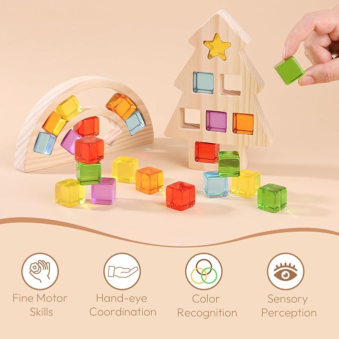 Wooden Building Blocks Set for Kids, Rainbow & Tree Wood Frame - 24 PCS Acrylic Gem Cubes Stacking Blocks, Montessori Stacking Toys, Educational Birthday Toys Gift for Toddlers 3-6