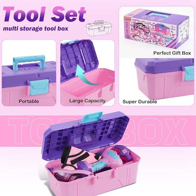 Kids Tool Set, 67 PCS Pink Kids Tool Box for Girls, Electronic Toy Drill&Tape Measure, Pretend Play Girls Toys Construction Tools Kit & Belt, Christmas Birthday Gift Ideas Tool Set Age 3 4 5+