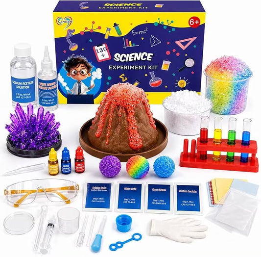 Science Experiment Kit for Kids 6-12, STEM Chemistry Set with Volcano | 130+ science activities with volcano eruption, crystal growing, slime making and lab experiments, STEM gifts for boys & girls