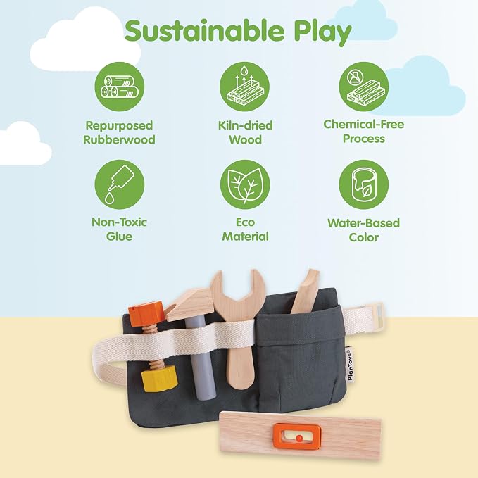 PlanToys® Wooden Tool Set for Toddlers | Includes Hammer, Wrench, Screwdriver, Ruler & Bolt | Pretend Construction Play Set | Eco-Friendly Montessori Educational Toy for Hands-On Learning | ruler, kids tool sets for boys age 2-4, montessori toys, girls...
