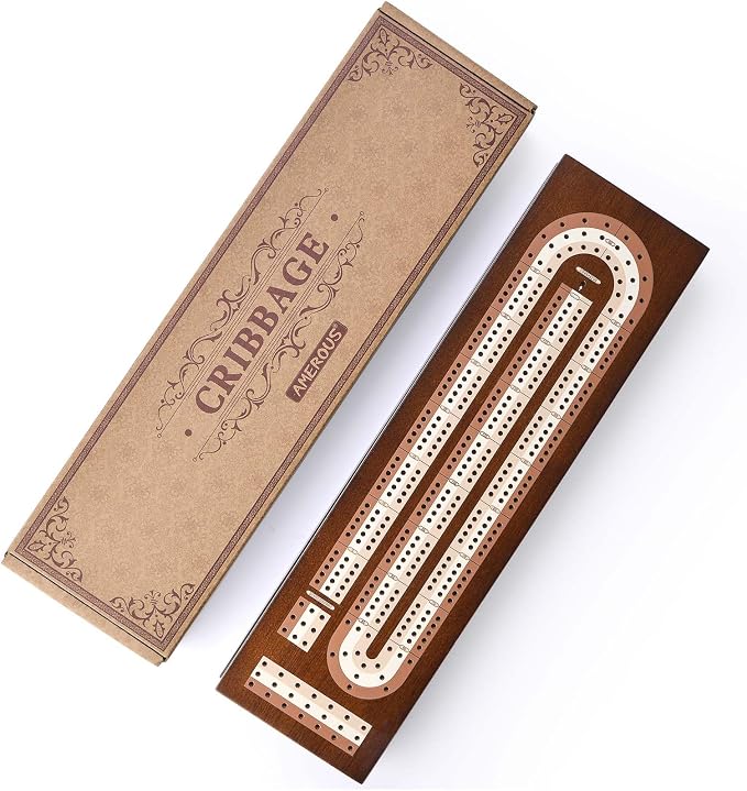 AMEROUS Wooden Cribbage Board Game Set with Magnetic Lock - Metal Pegs - 2 Playing Cards - Continuous 3 Track Board - Larger Storage Area, Travel Portable Cribbage Game Sets for Family