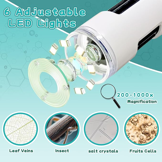 Microscope for Kids with 12 Slides, 200X-1000X,2.4" Screen Digital Handheld Kids Microscope Kit, Portable Pocket Removable Miniscope Science Toys Gifts for for 3 4 5 6 7 8 9 10 11 12 Year Old