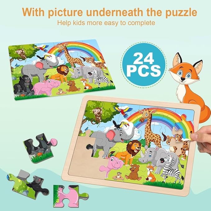 Wooden Puzzles for Kids Ages 3-5 4-6, 24 Piece Animals Puzzles Wooden Toys | 4 Pack Montessori Toddler Jigsaw Puzzles for Girl boy 3 4 5 6 Years Old,Preschool Learning Educational Birthday Gift Travel