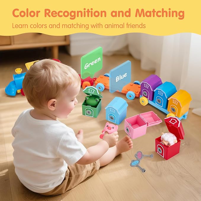 hahaland Montessori Farm Train Set, Toddler Learning Toys for 2-3 Year Olds | Count, Match, Sort Unlock 9 Numbered Barns with Farm Animal Finger Puppets, Color-shape Keys and 4 Train Birthday Gifts