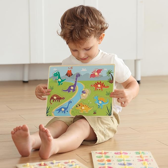 GRINNNIE Toddler Puzzle for 2 3 4 Years Old, 7PCS Montessori Kids Wooden Peg Puzzle Set (Dino Animal Shape Number Fruit..), Preschool Learning Puzzles Toy Gift for Boys Girls Birthday