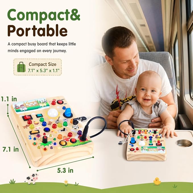 Busy Board with LED Light Switches, Montessori Toys for 1 2 3 Years Old, Toddlers Wooden Toy Sensory Activity Board, Travel Toys for 1+ Year Old Boy & Girl Birthday Gift (Farm)