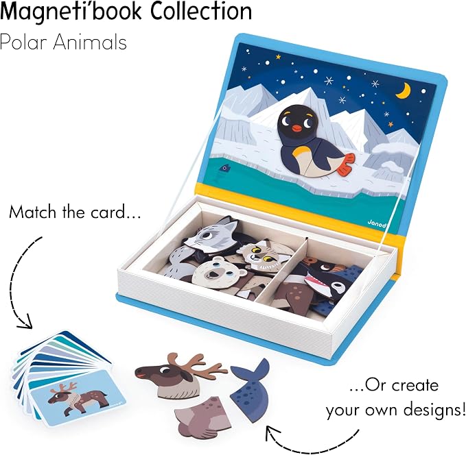 Janod - Magnéti'Book Polar Animals - Magnetic Educational Game 30 Magnets + 10 Models - Children's Toy Made of Cardboard - Develops Fine Motor Skills and Imagination - Suitable for Ages 3 and Above | Develops Fine Motor Skills - Boosts Imagination - Ca...