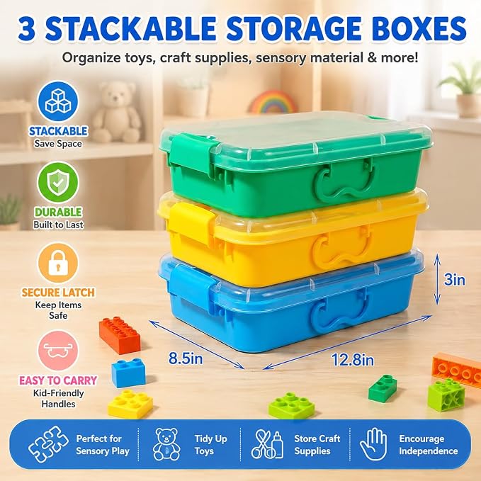 Sensory Bin with Lid for Toddlers 3 Pack 12.8 in, Stackable toy bins | Carolart Durable Plastic Sandbox for crafts, easy stack activity containers for sand, crafts, puzzles and toys