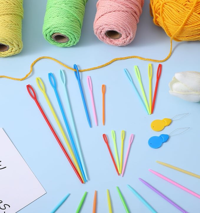Plastic Needles for Yarn, Plastic Sewing Needles for Kids | with Threader, & Storage Box, 2.2 in, 2.8 in, 3.5 in, & 5.9 in, for Handmade Crafts, Canvas and Yarn Projects