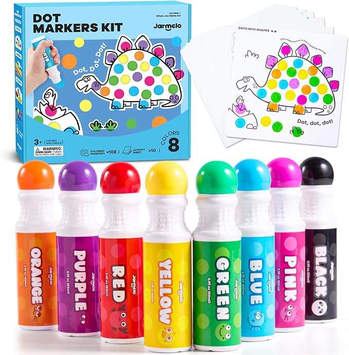 Jar Melo Washable Dot Markers for Toddlers, 8 Colors, Large 60ML | Dot Paints with 120+ Printed Coloring PDF & 10 Activity Papers, Non-Toxic Bingo Markers for Kids Arts and Crafts Gifts