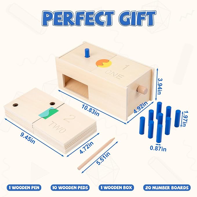 Montessori Toddler Counting Peg Board Box with Number- Wooden Counting Box Toys for Toddlers 1-3,Math Manipulatives Materials and Numbers,Montessori Toys for 3 Year Old,Large Size 10.8" X 4.9 "X 3.9"