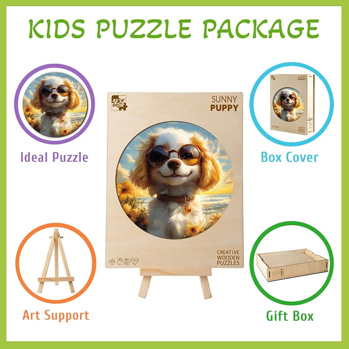 Animal Wooden Puzzles for Kids - Sunny Puppy | 50 Piece Puzzles for Kids Ages 6-8, Kids Puzzles with Unique Animal Shapes, Round Gift for Girls and Boys (11.4 * 11.4 in)