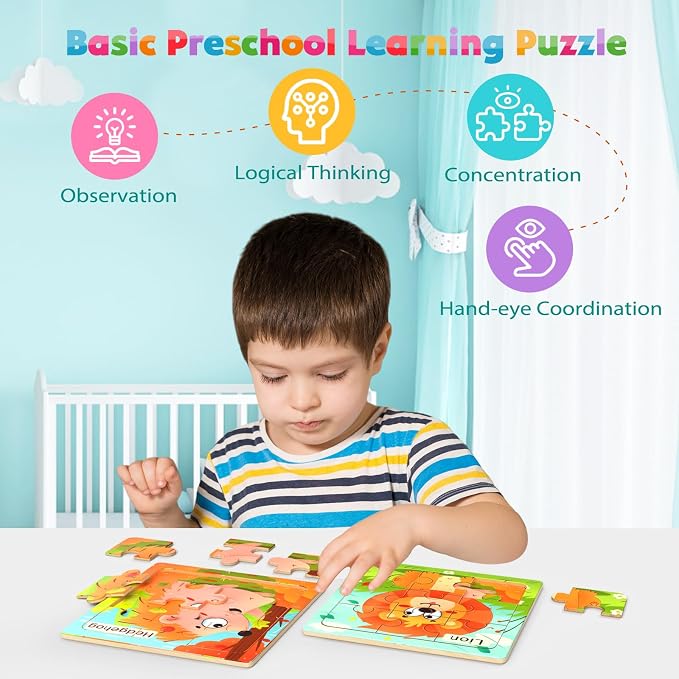 Zeoddler Wooden Puzzles for Toddlers, 8 Pack Animal Jigsaw Puzzles for Kids3-5, 9 Pieces Preschool Learning Activities, Learning & Educational Toys, Gift for Boys, Girls