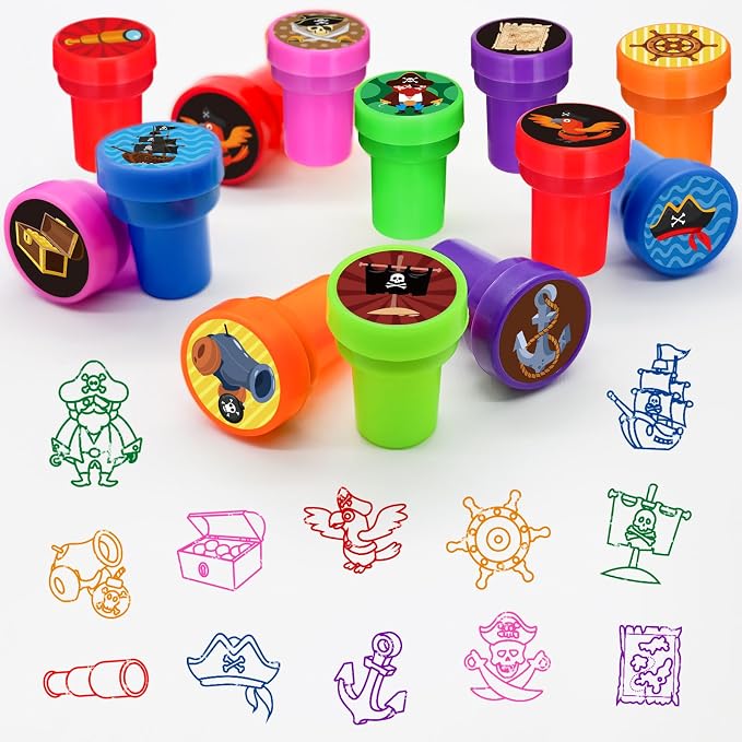 Cinrobiye 24 Pcs Pirate Stampers Party Favor Set, Cute Pirate Adventure Stamps for Kids Birthday Party, Classroom Rewards, Carnival Prizes, Goody Bag Fillers, Pirate Themed Party Supplies
