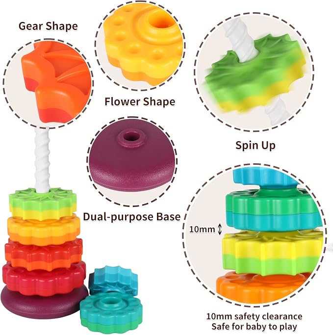 JUXUE Spinning Toy, Rainbow Stacking Toys for Children 1-3, Ring Stacker Toys 12 Months, 1 One Year Old Girl Boy Christmas Birthday Gifts, Montessori Autism Sensory Toy