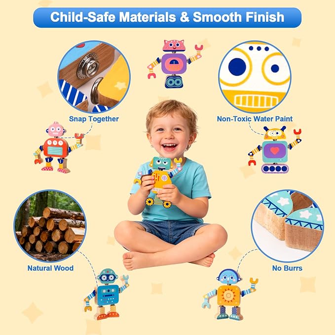 33-Piece Wooden Snap-Together Take-Apart Robot Building Blocks for Kids 3-6 | Mix-and-match heads, bodies, arms and legs for varied creations, fine motor practice, problem-solving and open-ended play