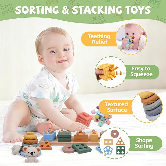 YHHYTOY 6-in-1 Montessori Baby Toys 0-6 6-12 Months, Infant Toys Baby Gifts | 4 5 6 Month Old Baby Toys, Soft Stacking Blocks Rings Shape Sorter Sensory Baby Suction Spinners, Baby Gifts for Girls Boys