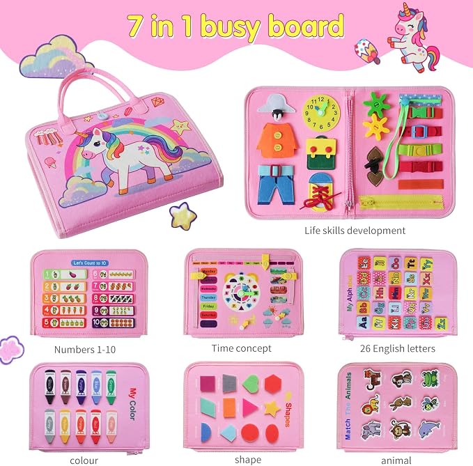 Montessori Toddler Busy Board Toys, Girls Unicorn Learning Sensory Toy, Toddler Travel Toy, Children's Educational Activity Busy Book, Birthday Gift (Pink)