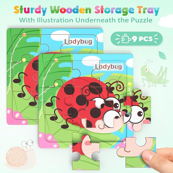 Zeoddler Wooden Puzzles for Toddlers, 8 Pack Insect Animal Jigsaw Puzzles for Kids3-5, 9 Pieces Preschool Learning Activities, Learning & Educational Toys, Gift for Boys, Girls