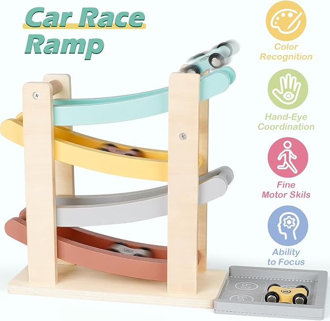 Vanplay Montessori Toys for 1 2 Year Old Boy Gifts - One 1st Birthday Gift | 4 Level Wooden Car Ramp Toy with 4 Mini Cars, All Wood, Fully Assembled, Race Track Car Truck Toys for Toddlers 1-3-2-4