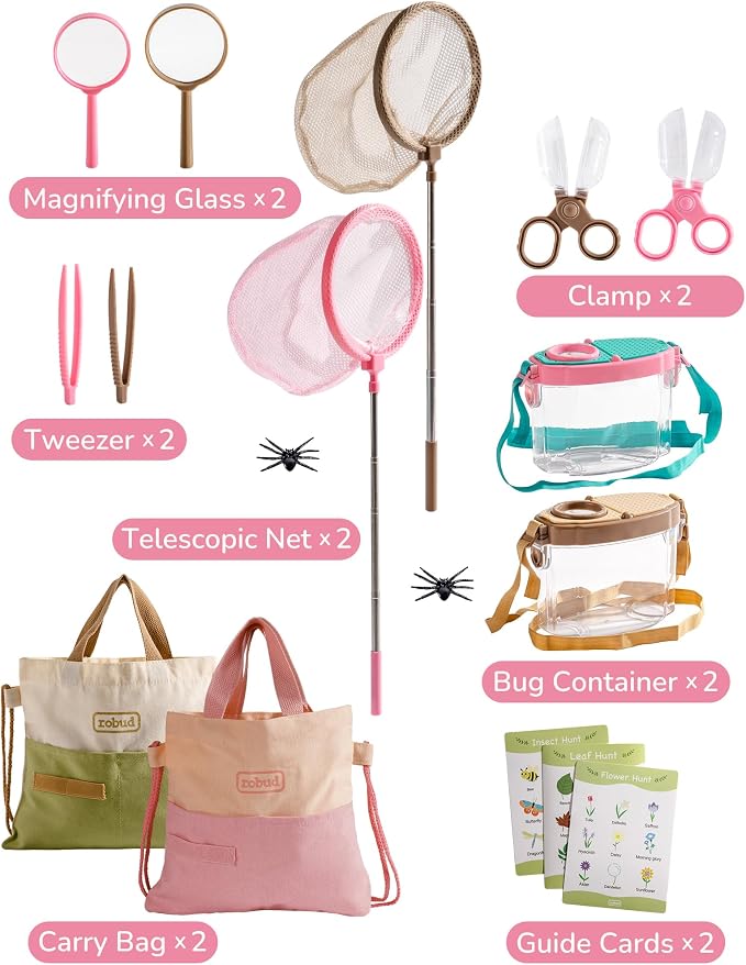 ROBUD Dual Bug Catcher for Kids,Includes 1 Pink and 1 Green, Bug Catching Kit with Bag Kit, Outdoor Exploration Set for Camping, Montessroi Toy for Kids Coming Closer to Nature，WRP61