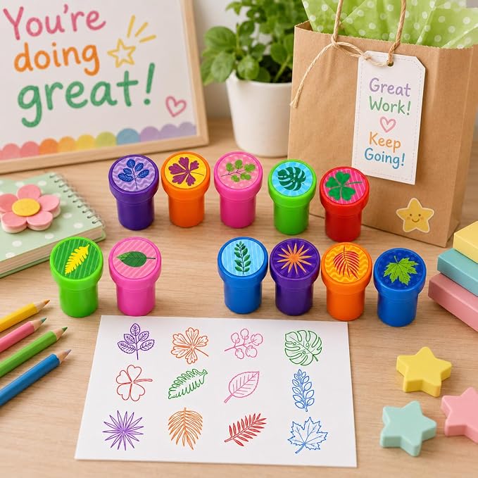 Cinrobiye 24 Pcs Nature Leaf Stampers for Kids, Pre-Inked Leaf Party Favor Set, Forest Theme Birthday Party Supplies, Classroom Rewards, Goody Bag Fillers, Piñata Fillers, Treasure Box Toys