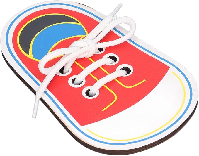 Asixxsix Wooden Lacing Shoe Toy, Learn to Tie Shoelaces Practice for Kids with Fine Motor Skills Development Smooth Threading Board for Toddlers Preschoolers (Lacing and Stringing Toy)