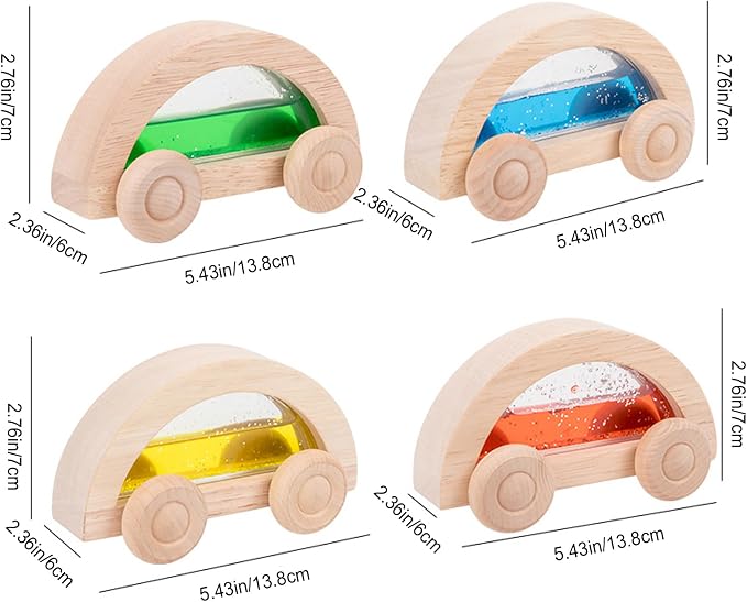 Dinhon Wooden Acrylic Water Glitter Car Toys for Toddlers 2-4, 4 Pack Colorful Sensory Water-Filled Cars, Montessori Toy Set for Boys Girls, Acrylic Rainbow Building Block Matching Products