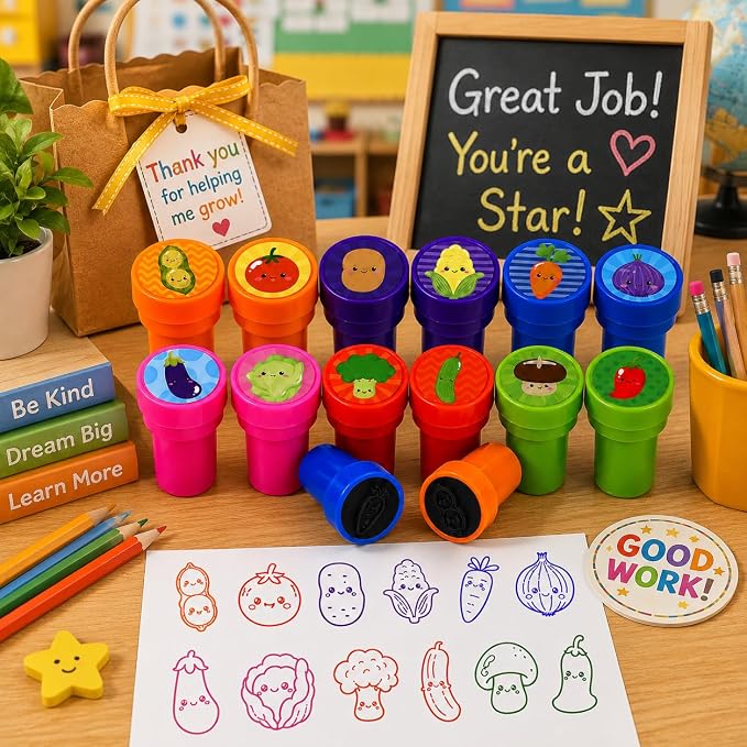 Cinrobiye 24 Pcs Vegetable Stampers Party Favor Set, Cute Veggie Stamps for Kids Birthday Party, Classroom Rewards, Educational Learning Toys, Goody Bag Fillers, Healthy Food Party Supplies