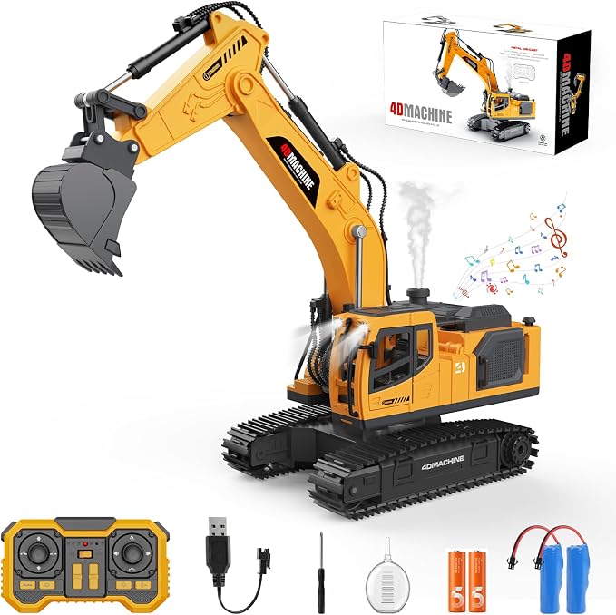 Remote Control Excavator Toy for Boys, 2.4GHz RC Excavator Toys with Metal Bucket, 12-Channel Construction Vehicle with Mist/Lights/Sound, 2x1200mAh Batteries, STEM Birthday Gift for Kids 3-12