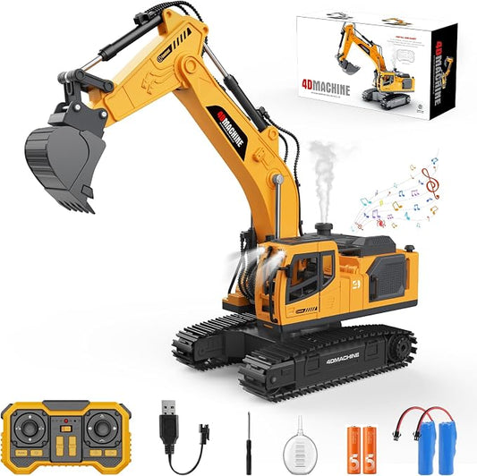 Remote Control Excavator Toy for Boys, 2.4GHz RC Excavator Toys with Metal Bucket, 12-Channel Construction Vehicle with Mist/Lights/Sound, 2x1200mAh Batteries, STEM Birthday Gift for Kids 3-12