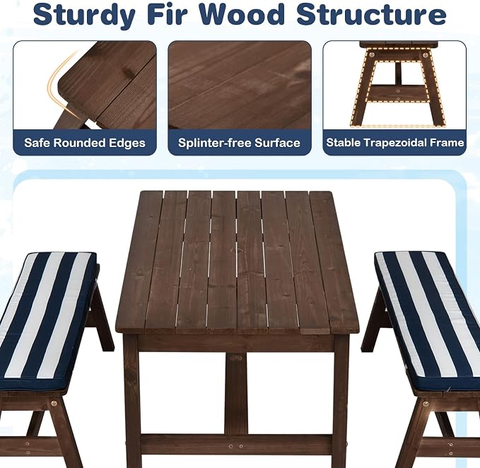 Costzon Kids Picnic Table, Fir Wood Toddler Outdoor Table & Bench Set w/Removable Umbrella & Cushions, Stripe Fabric, Kids Outdoor Furniture for Patio Backyard Garden, Fits 4 Children Age 3+ (Blue)