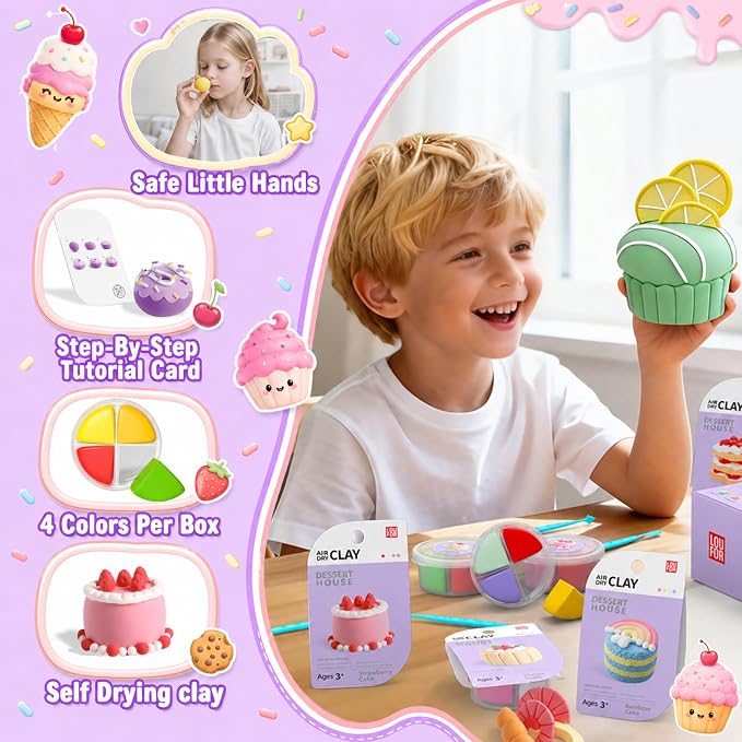 Air Dry Clay Kit -12 Desserts Modeling Clay for Kids Arts and Crafts | Ultra Light & Soft,Safe & Non-Toxic,No-Sticky & Crack,DIY Molding Clay with Sculpting Tools,Party Favors Gifts for Girls Boys