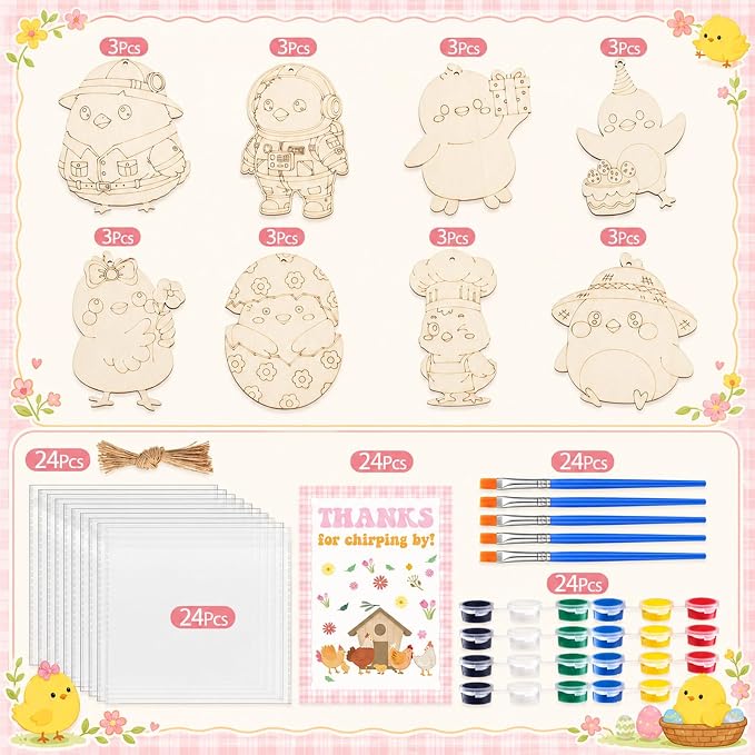 Saypacck 24 Pcs Party Favors Wooden Painting Craft Kits Birthday Party Supplies with Organza Bag for Goodie Bags Fillers Adult Thank You Gifts(Chicken)