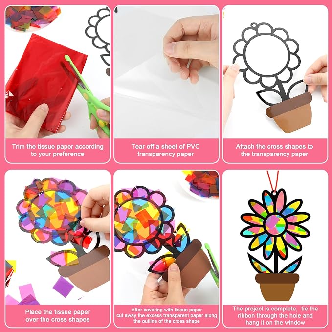 Lonfliness 32 Sets Flower Spring Suncatchers Crafts Kit DIY Flower Pot Window Stained Glass Effect Paper Floral Home School Classroom Decoration Art Craft Creative Activity Project Gift Favor