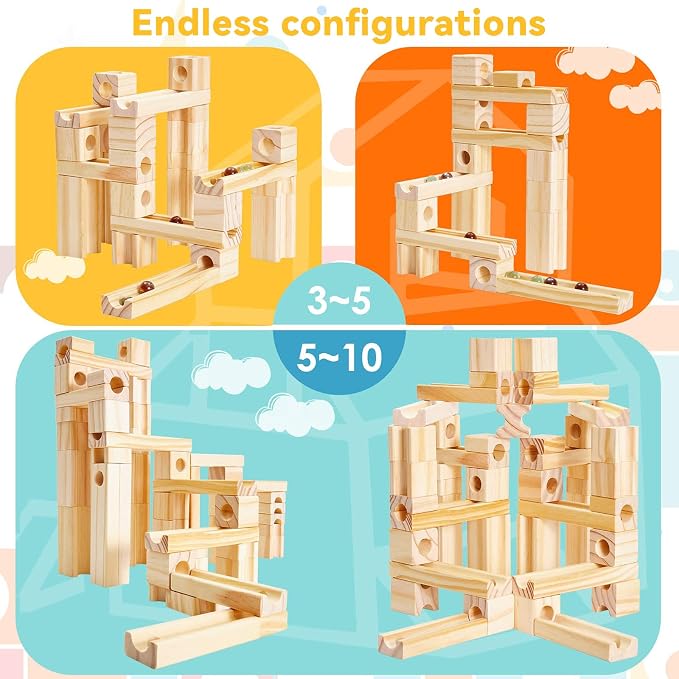 Wooden Marble Run for Kids Ages 4-8, 60 Pieces Wood Building Blocks Toys and Construction Play Set, Marble Track Maze Game STEM Learning Toys Gifts for Boys Girls (60pc Set)