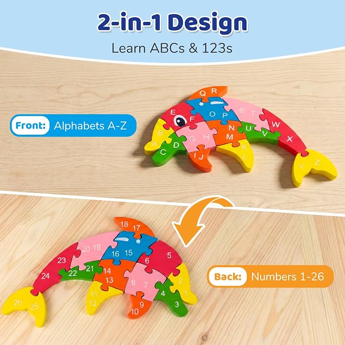 LovesTown Puzzle for Kids, Wooden, 3D Dolphin Shape | for Ages 3-5, Double-Sided, Alphabet Recognition, Number Counting, Fine Motor Skills, Montessori Learning Gifts